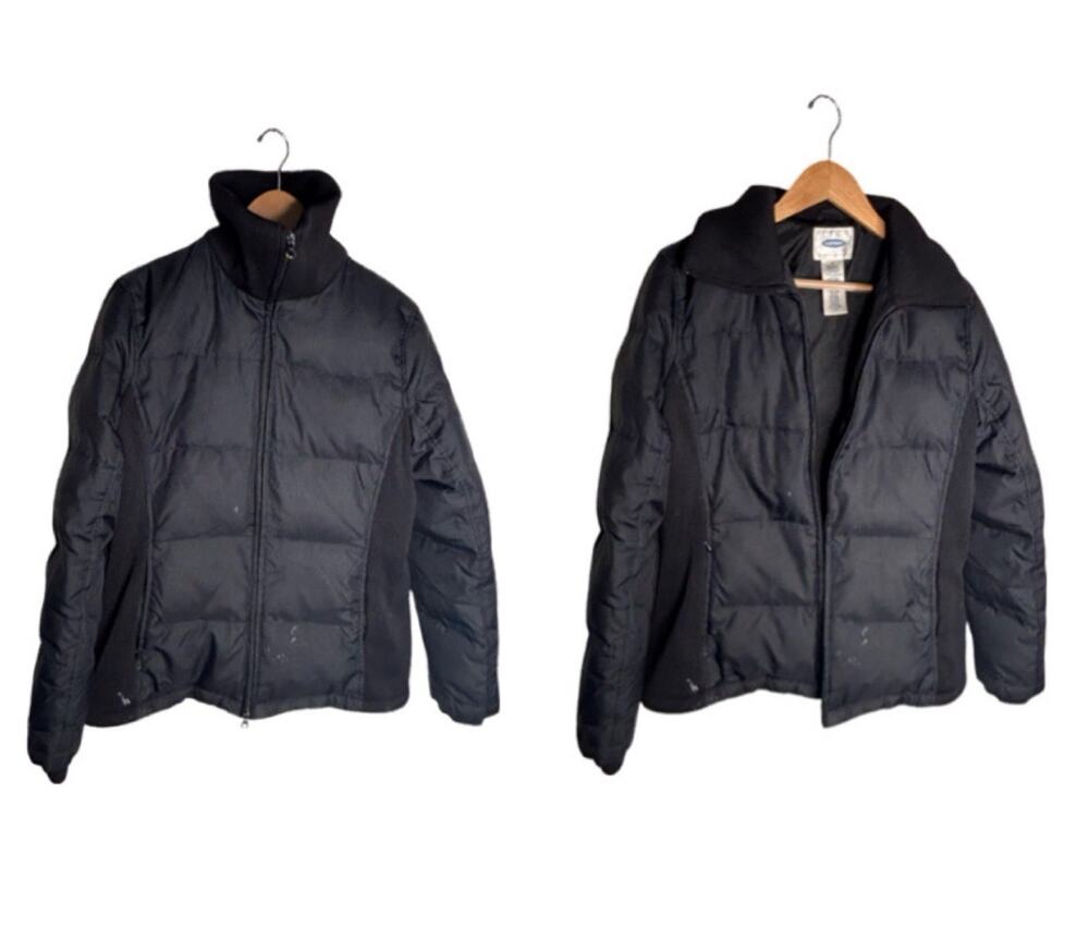 Old Navy Puffer Coat Size Medium Black Side Panels Vintage Down Feather FLAWED